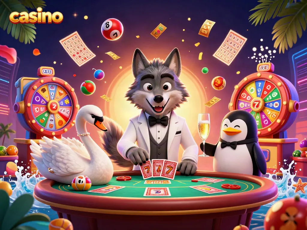 Engaging casino scene with a debonair wolf, elegant swan, and penguin presenting champagne amid dynamic gaming elements.