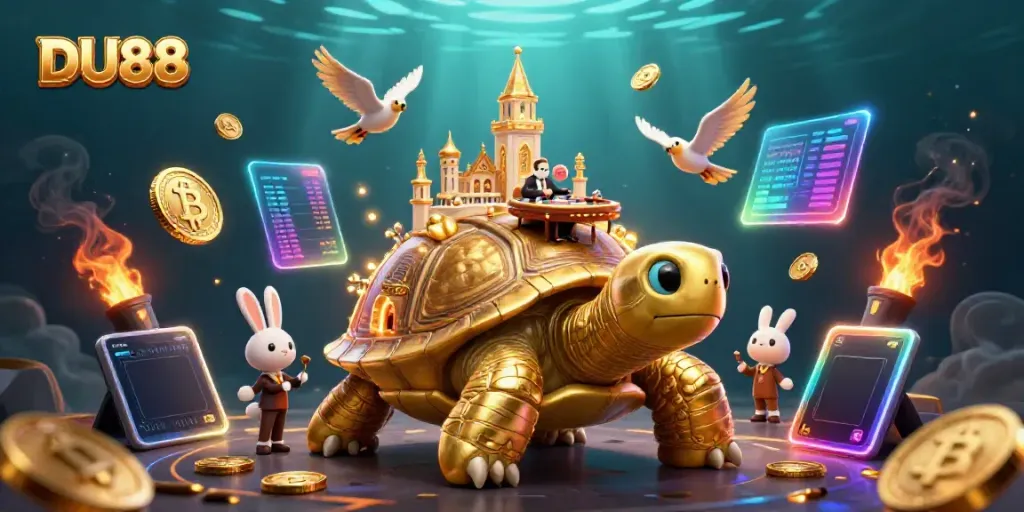 Experience thrills at DU88 Casino with vibrant 3D illustration of gaming excitement and golden winnings.