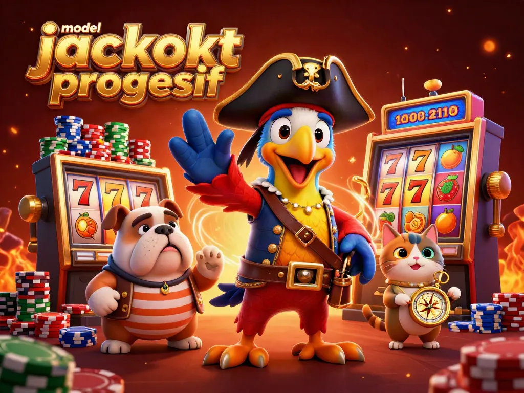 Ilustrasi model jackpot progresif menggabungkan elemen slot modern dengan karakter menarik dan suasana meriah.