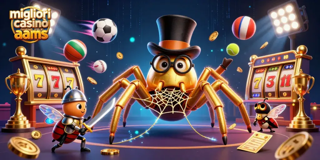 I migliori casinò online non AAMS presentano un'illustrazione 3D di un ragno dorato e un cavaliere, circondati da elementi di gioco.