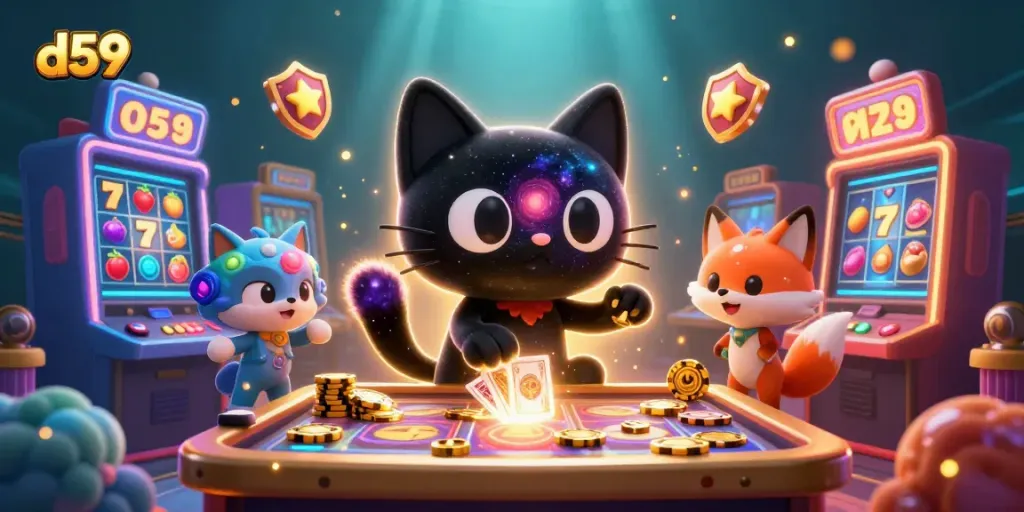 D59 slot gaming experience with a black hole cat pulling in chips at a cosmic table full of vibrant slot machines.