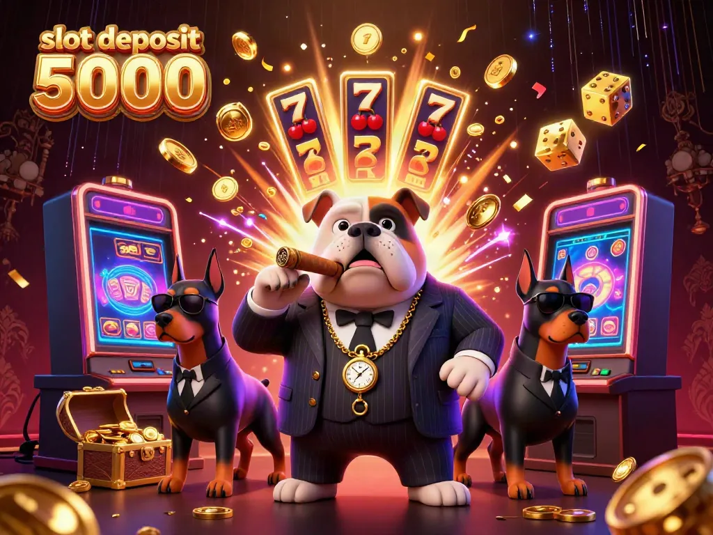 Experience the excitement of slot deposit 5000 with a mafia-themed casino illustration bursting with action!