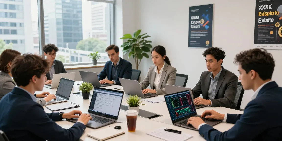 Professional teamwork at the XXKK Crypto Exchange trading office, showcasing collaboration and innovation.