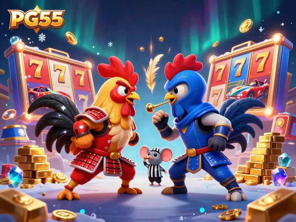 Engaging PG55 casino scene with fighting roosters and vibrant slot machine elements.