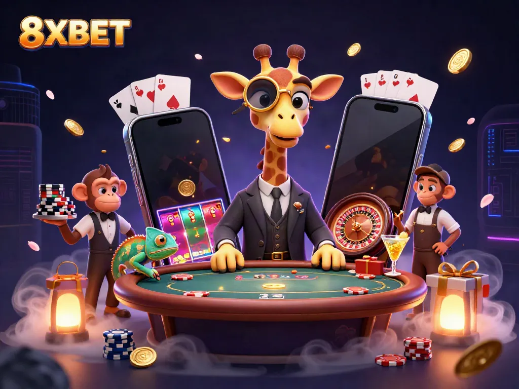 Experience excitement with 8XBET through a vibrant casino scene featuring a giraffe in a suit, poker elements, and animated rewards.