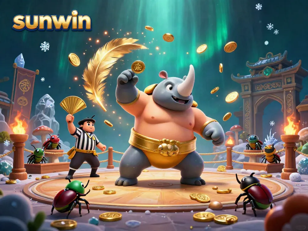 Experience exciting gambling action at sunwin with a dynamic scene featuring a beetle sumo champion and golden coins.
