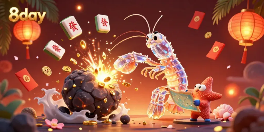 Engage in vibrant gaming action at 8day featuring a galactic samurai mantis shrimp amidst glowing casino elements.