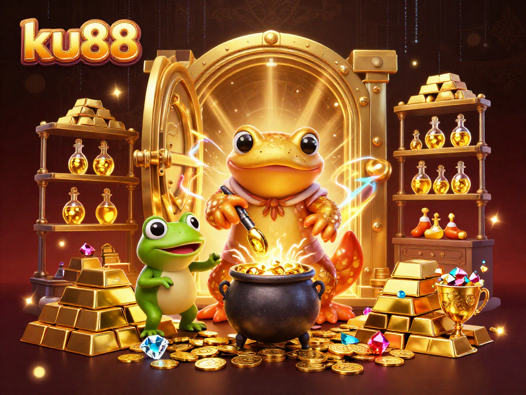 ku88 showcases a golden alchemist and assistants crafting riches in a vibrant casino-themed scene.