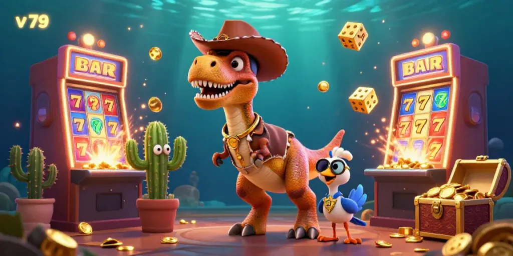 Join the thrilling world of v 79 with a fun scene of cartoon characters celebrating a jackpot win.