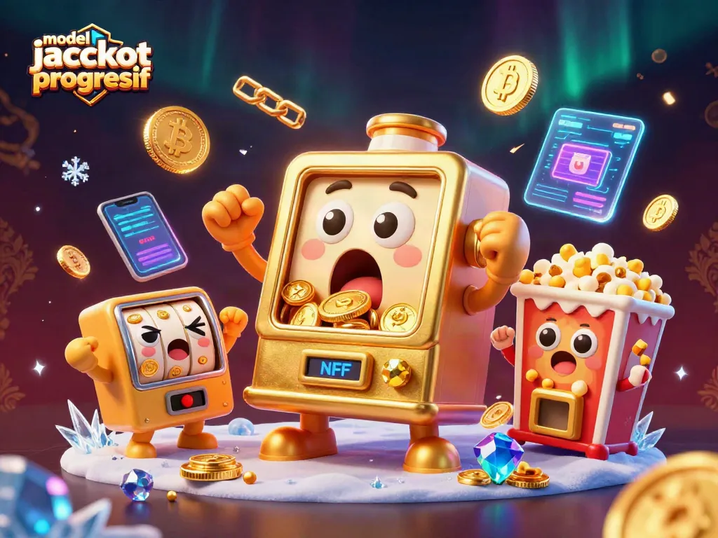Slot jackpot progresif dengan mesin slot emas meriah dan uang koin berhamburan di sekelilingnya.