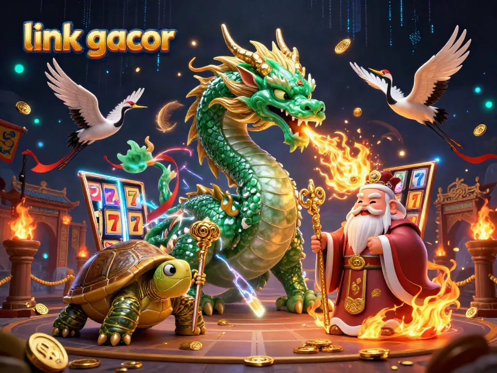 Experience the thrill of link gacor with a captivating 3D illustration of a jade dragon, turtle sage, and lucky cranes amidst casino elements.
