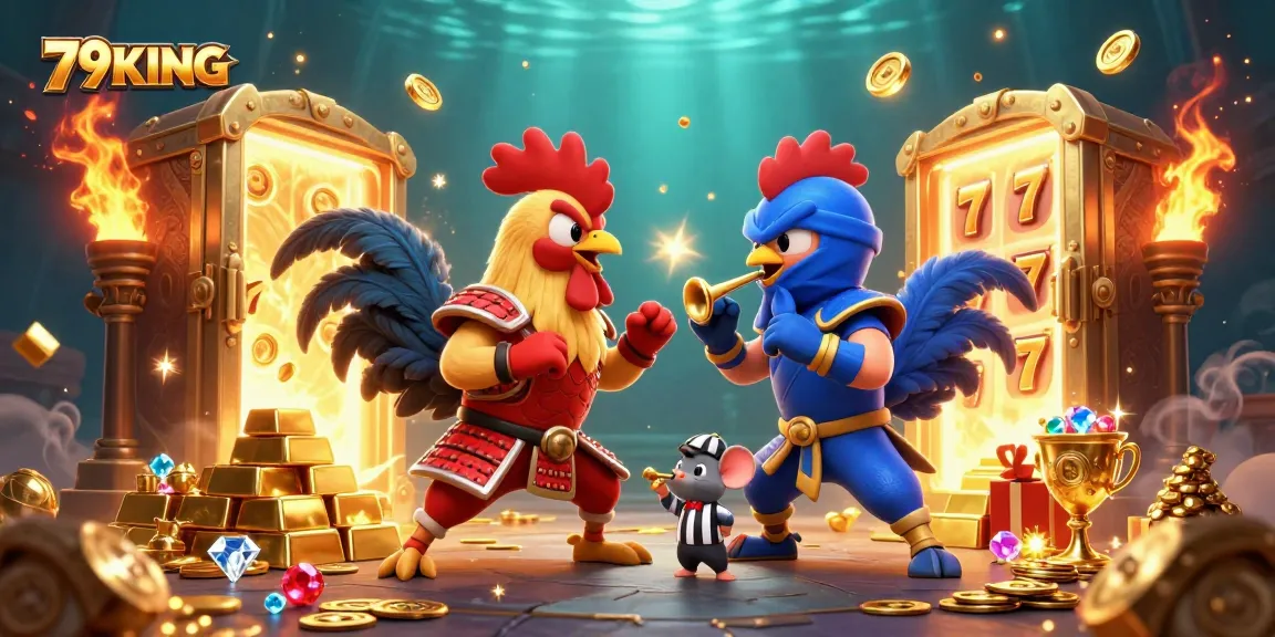 Engage in thrilling battles at 79KING with cartoon fighting roosters amidst gold treasures.
