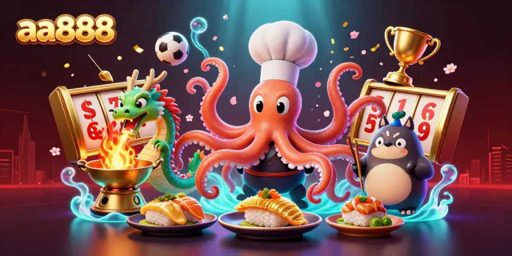 Experience thrilling gameplay at aa888 with a dynamic scene featuring a sushi chef octopus cooking and a fire-breathing dragon.