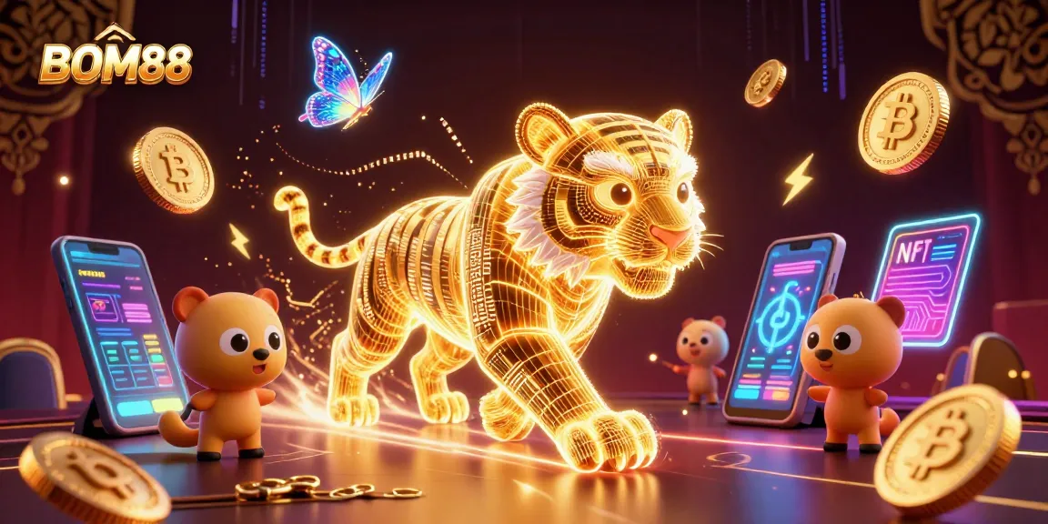 Engage with BOM88 in an electrifying digital casino environment filled with Bitcoin and Ethereum coins.