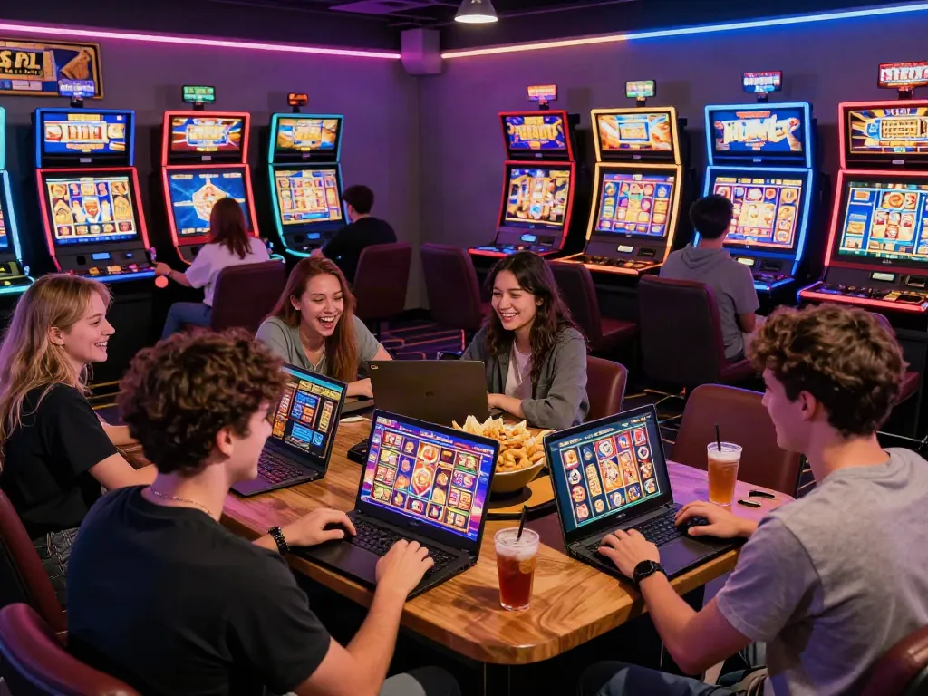Players engaging with slot games in a lively modern gaming lounge.