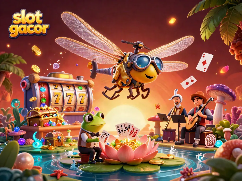Experience the thrill of slot gacor with this colorful 3D illustration featuring casino elements and characters in action.
