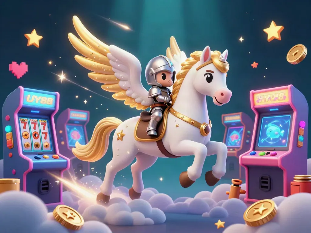 Experience thrilling gameplay with UY88's vibrant casino elements featuring a celestial white horse.