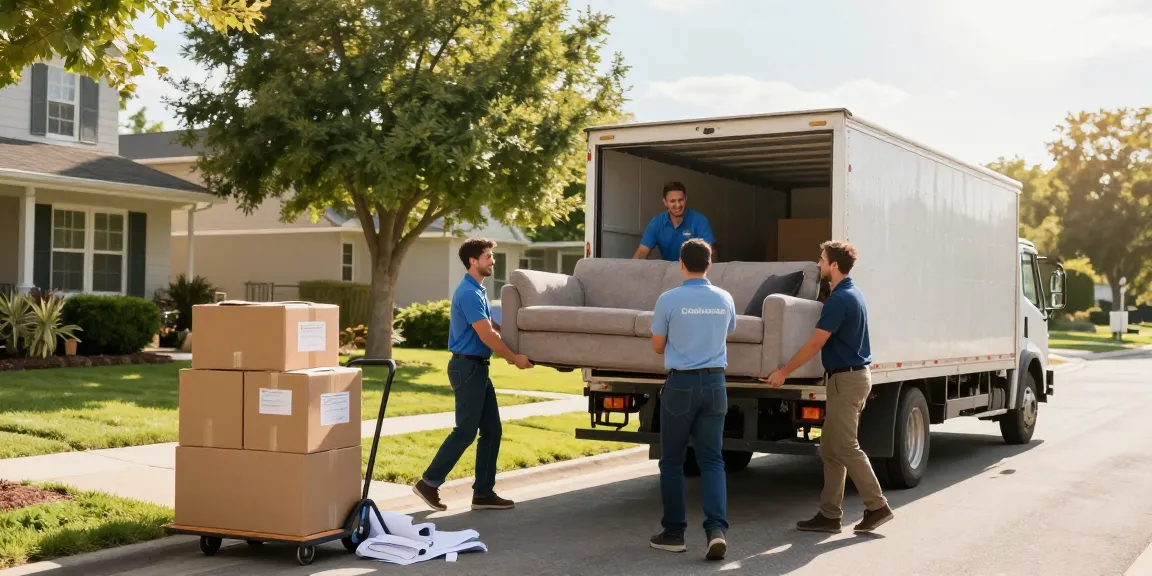 Long distance movers carefully lifting sofa to truck in bright residential setting