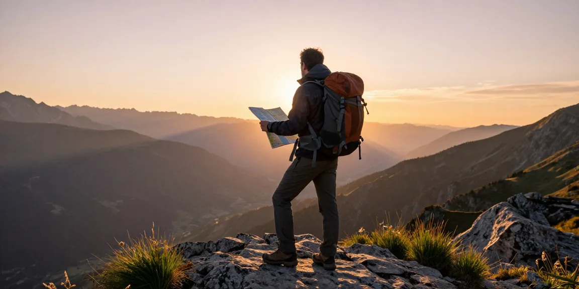 Traveler at mountain summit enjoying the view with Motchill adventure gear during sunset.