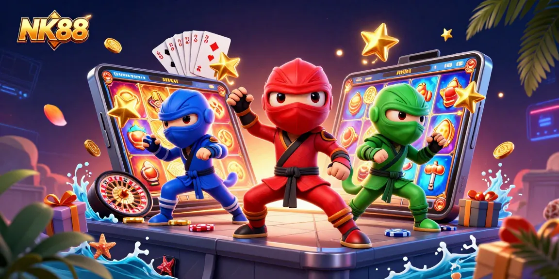 Engage with NK88's vibrant slot games featuring colorful characters and dynamic casino elements.