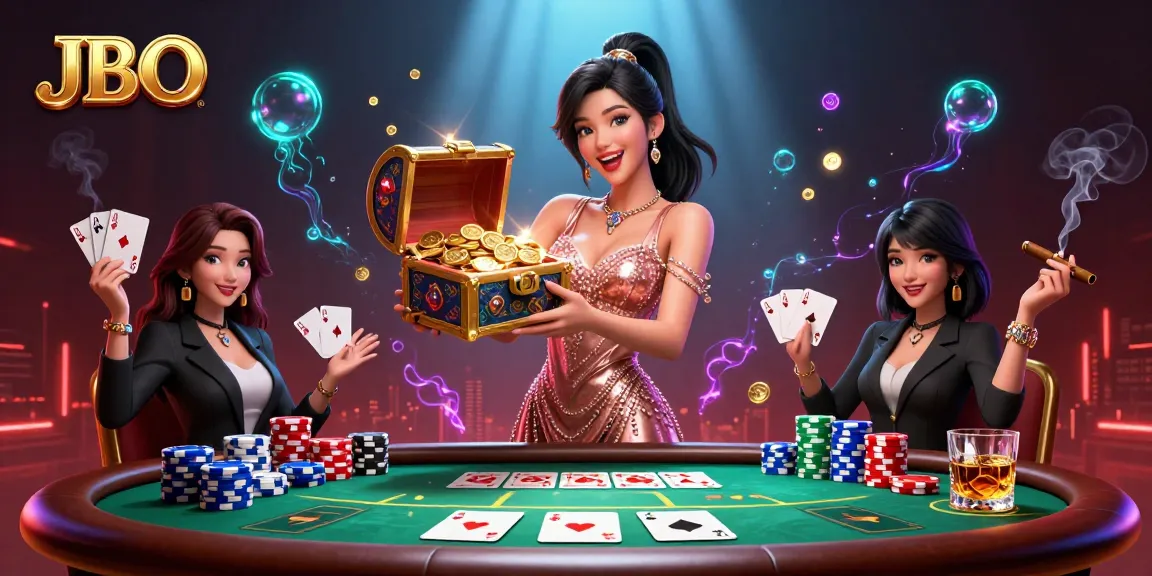 JBO reveals treasure as an Asian dealer showcases wealth with poker and casino elements.