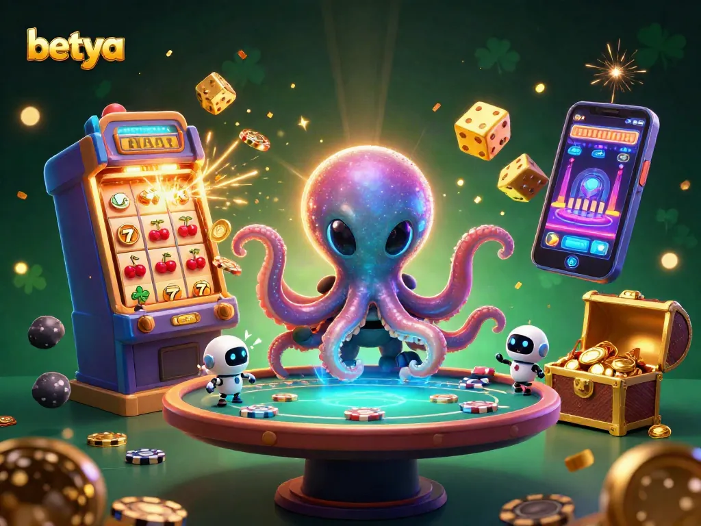 Betya showcases a vibrant gaming scene with an alien octopus at a poker table, surrounded by dynamic casino elements