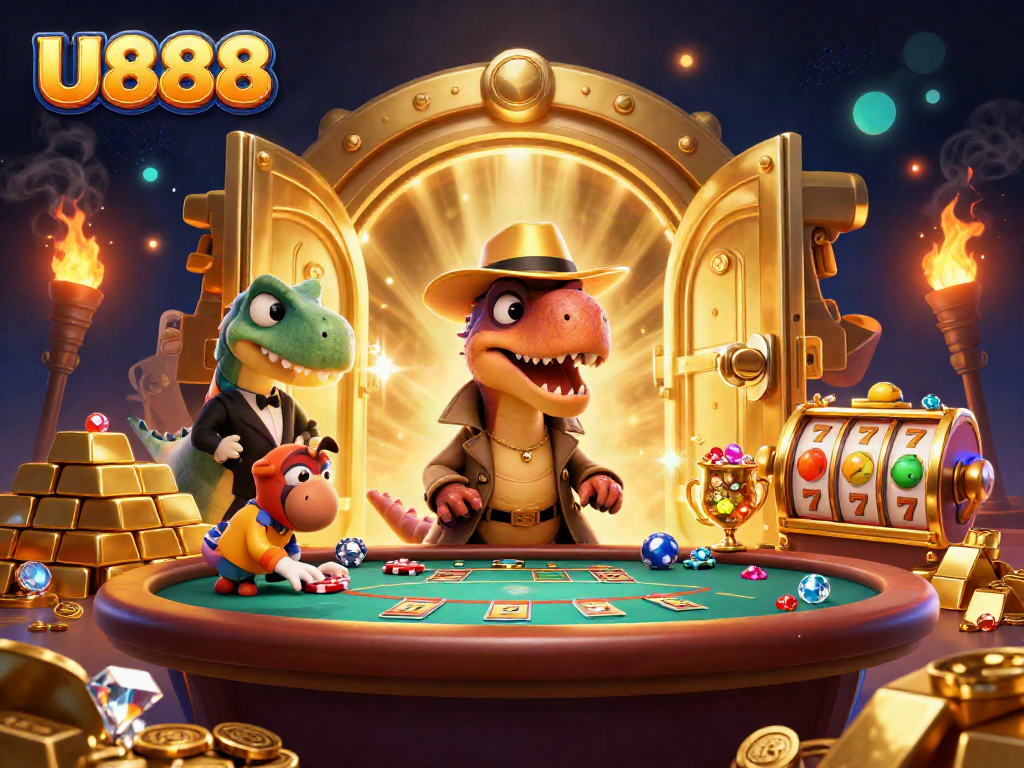 U888 velociraptor card counter engages at the blackjack table while treasures abound in a dynamic casino scene.