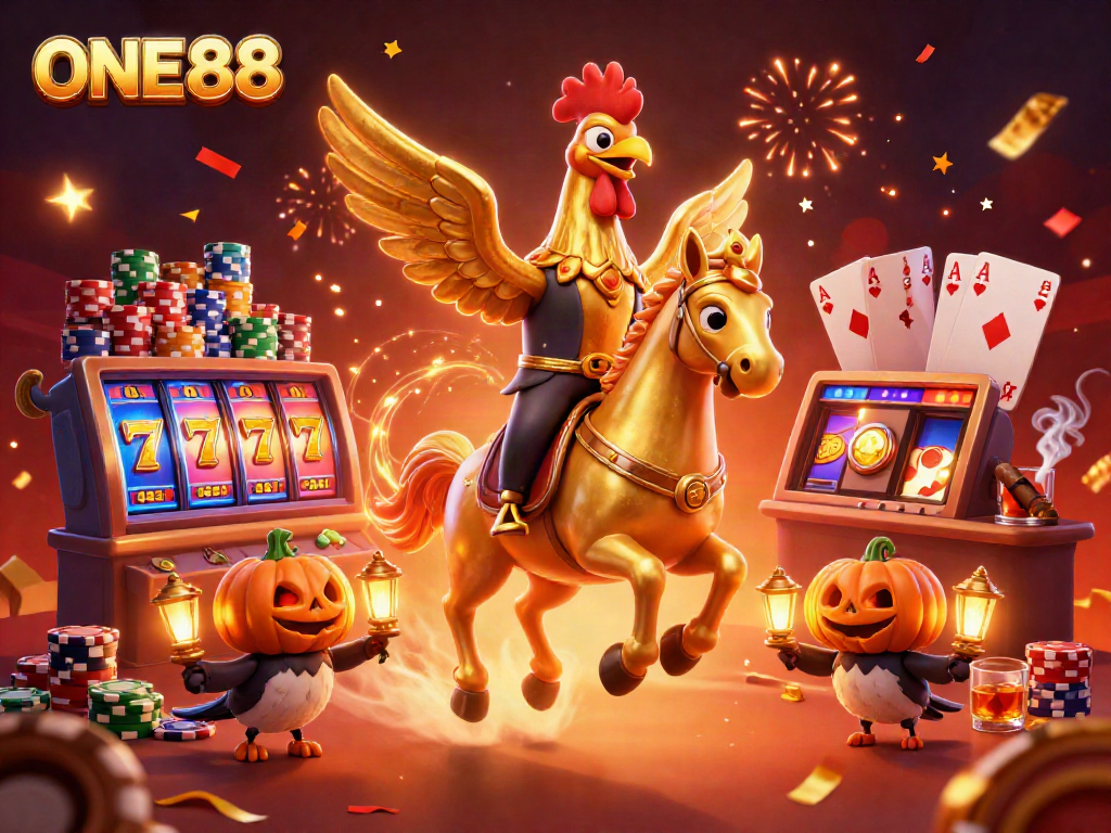 Experience the thrilling ONE88 action with vibrant slot reels and joyful characters in a magical casino.