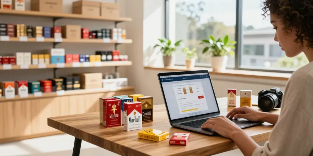 Shopper browsing for cheap cigarettes online Australia in modern e-commerce setting.