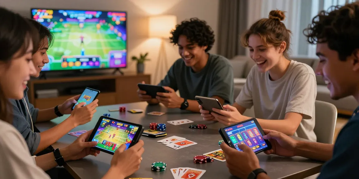 Engaging Indo Rummy gaming session with friends enjoying mobile games in a vibrant living room.