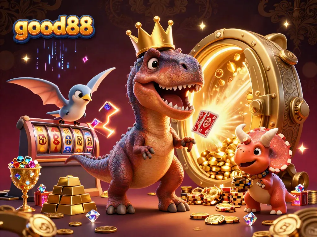 Join the fun at good88 as a friendly T-Rex attempts to shuffle cards while colorful gems sparkle around a vibrant casino.