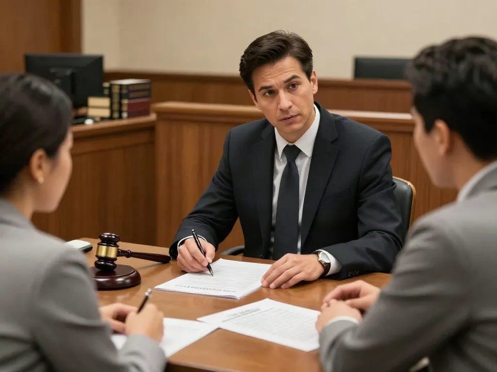 Cobb County DUI lawsuit consultation between an attorney and client in a courtroom.