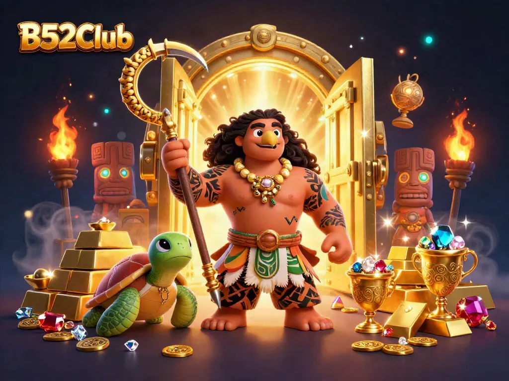B52Club immersive scene with Polynesian demigod and turtle, showcasing casino elements with vibrant detail.