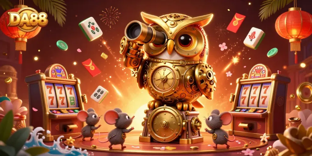 Engage in DA88 casino excitement with vibrant characters, spinning reels, and celebratory elements.