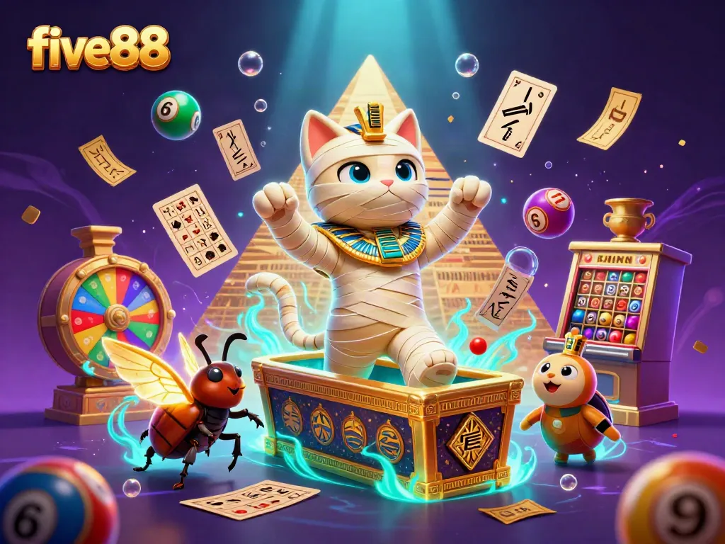 Experience thrilling wins at five88's vibrant pyramid casino with dynamic games and glowing characters.