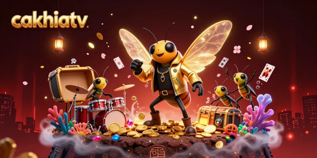 Cakhiatv scene showing a lively 3D cartoon cicada rock star with electric wings and vibrant casino-themed elements.