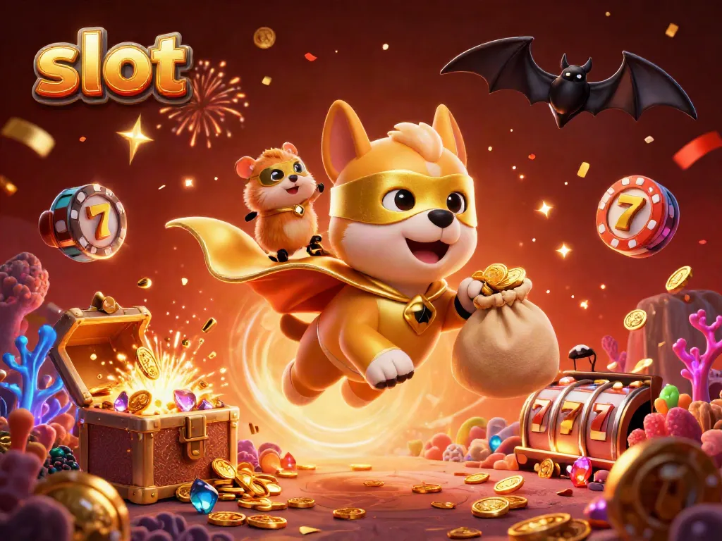 Engaging slot game illustration featuring a superhero dog with a bag of coins, flying alongside a hamster.