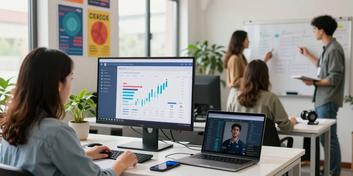 Buy Facebook followers: social media marketing team analyzing metrics in a vibrant office.