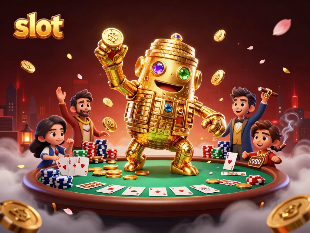 Spin the slot machines with golden golem surrounded by poker elements in a vibrant casino scene.