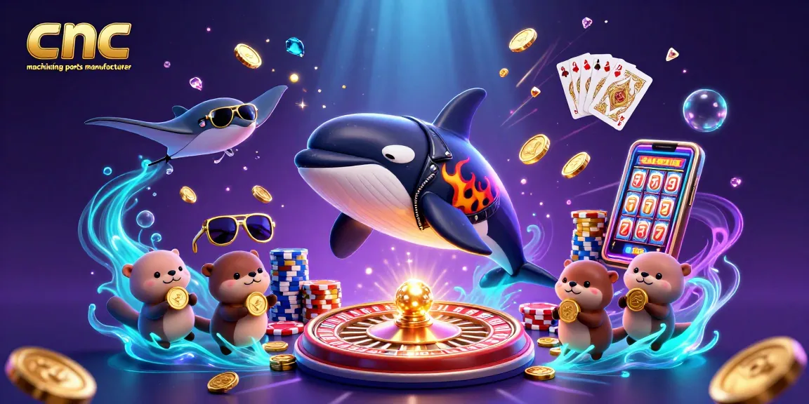 Dynamic scene featuring orca and stingray celebrating as CNC machining parts manufacturer with cascading coins and sparkles.