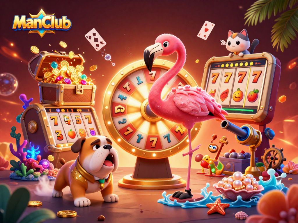 Spin to win with ManClub! Vibrant 3D scene of a flamingo host and a bulldog in a casino.