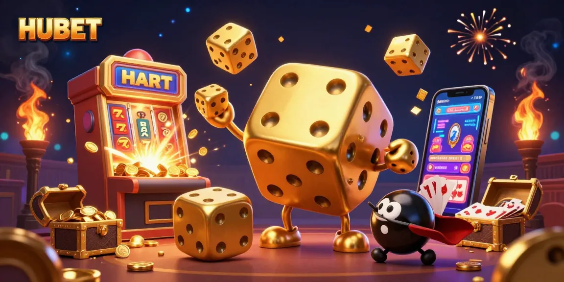 Experience exciting HUBET casino adventures with dynamic golden dice and a vibrant jackpot scene.