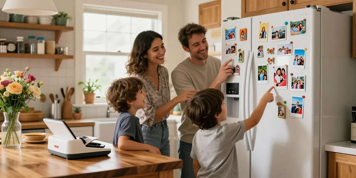 Custom photo magnets showcasing family memories on the fridge, capturing love and warmth in an inviting kitchen.