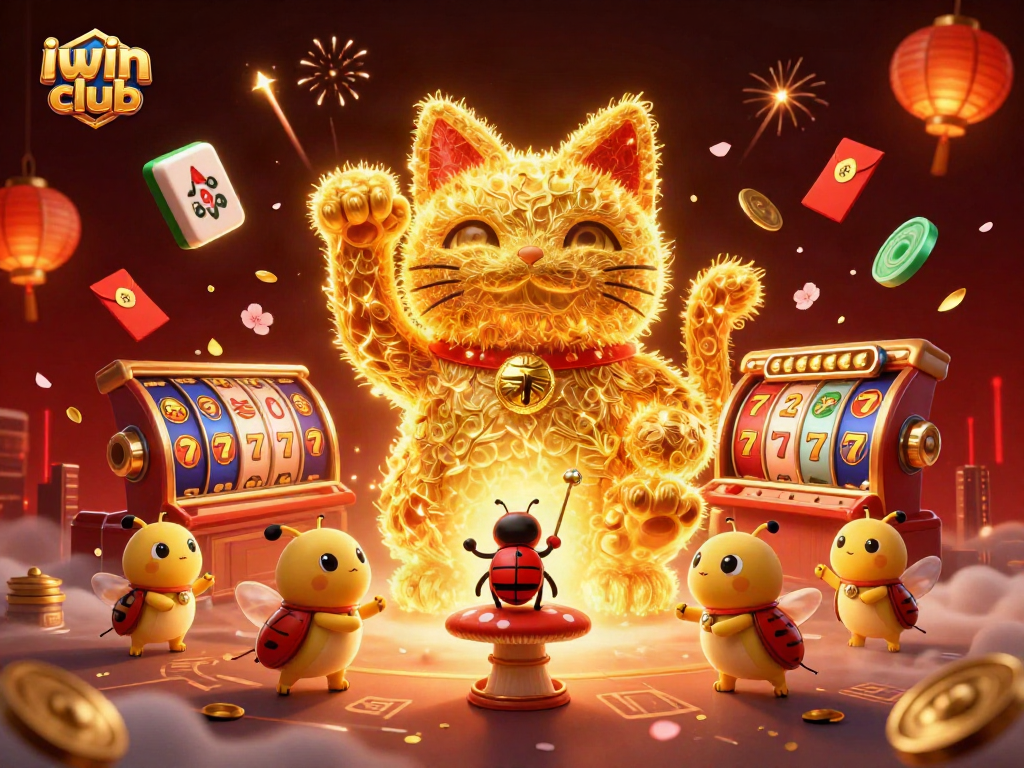 Join the excitement at iwin club with a vibrant scene of a lucky cat amidst thrilling casino symbols.