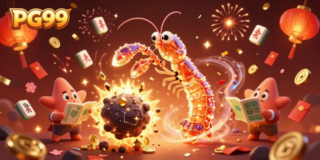 Experience PG99 and win with a vibrant 3D depiction of a galactic mantis shrimp amidst casino treasures.