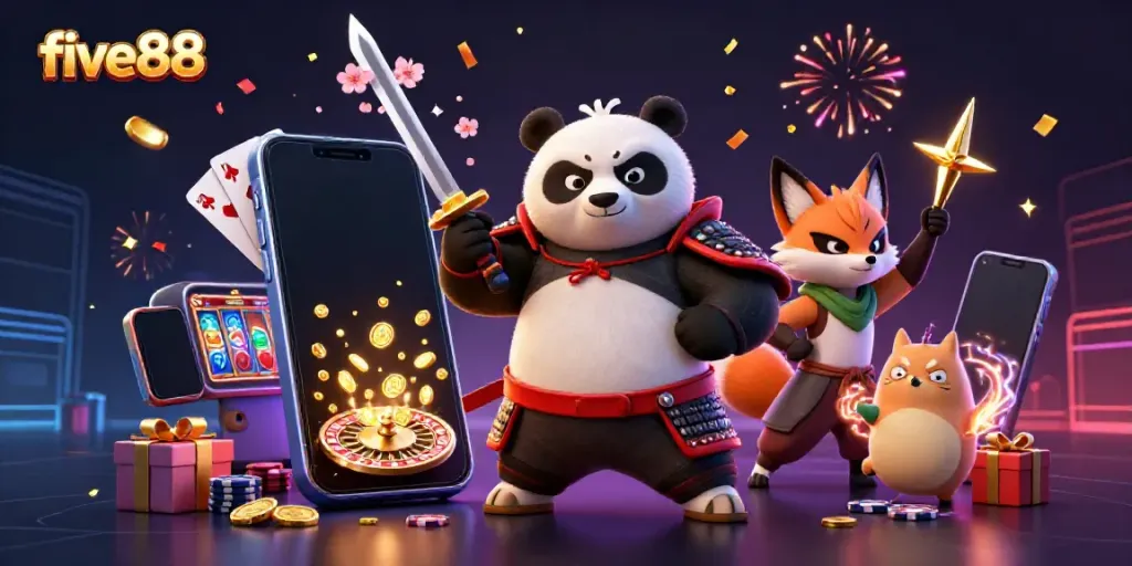 Engage in thrilling gameplay with five88, featuring vibrant characters and dynamic casino elements.