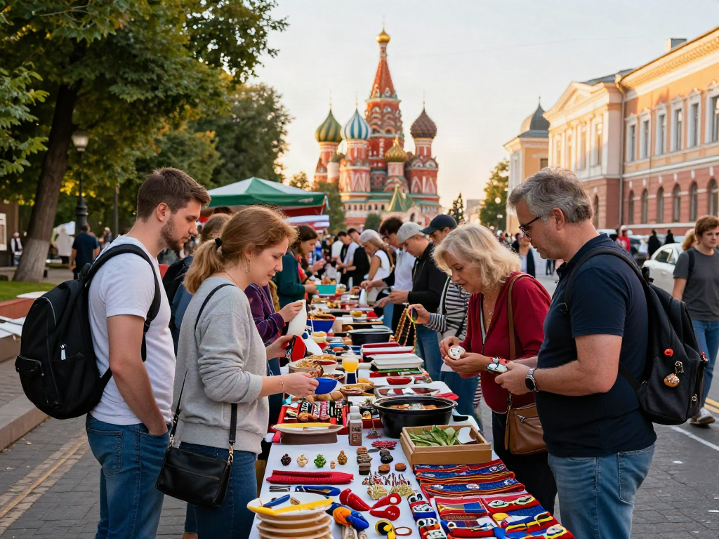 Rusya'da yerel satıcılarla etkileşimde bulunan turistler ve renkli hediyelik eşyalarla dolu pazar alanı, https://payinrussia.com/ ile kolay ödeme yöntemleri üzerine bir buluşma noktası.