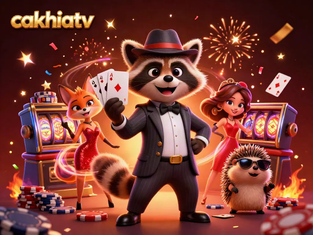 Experience exciting play with cakhiatv featuring raccoon, fox, and hedgehog in vibrant casino scene.