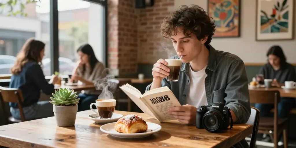 Enjoying a rokok88 drink in a cozy café with a book and pastries.