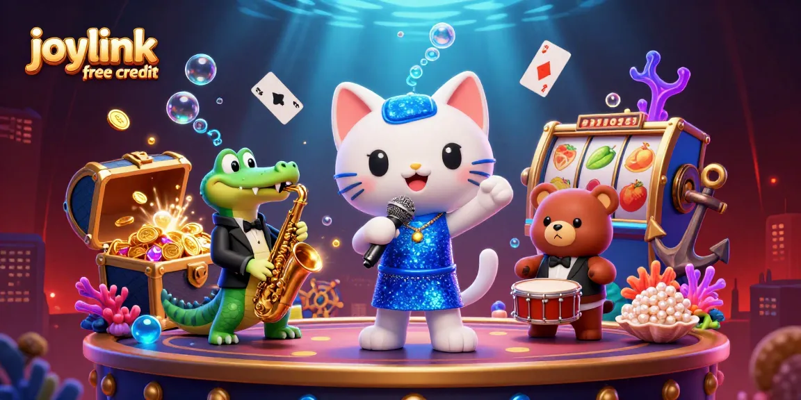 Experience joylink free credit in a lively casino scene featuring a jazzy cat, crocodile, and bear, packed with vibrant game elements.